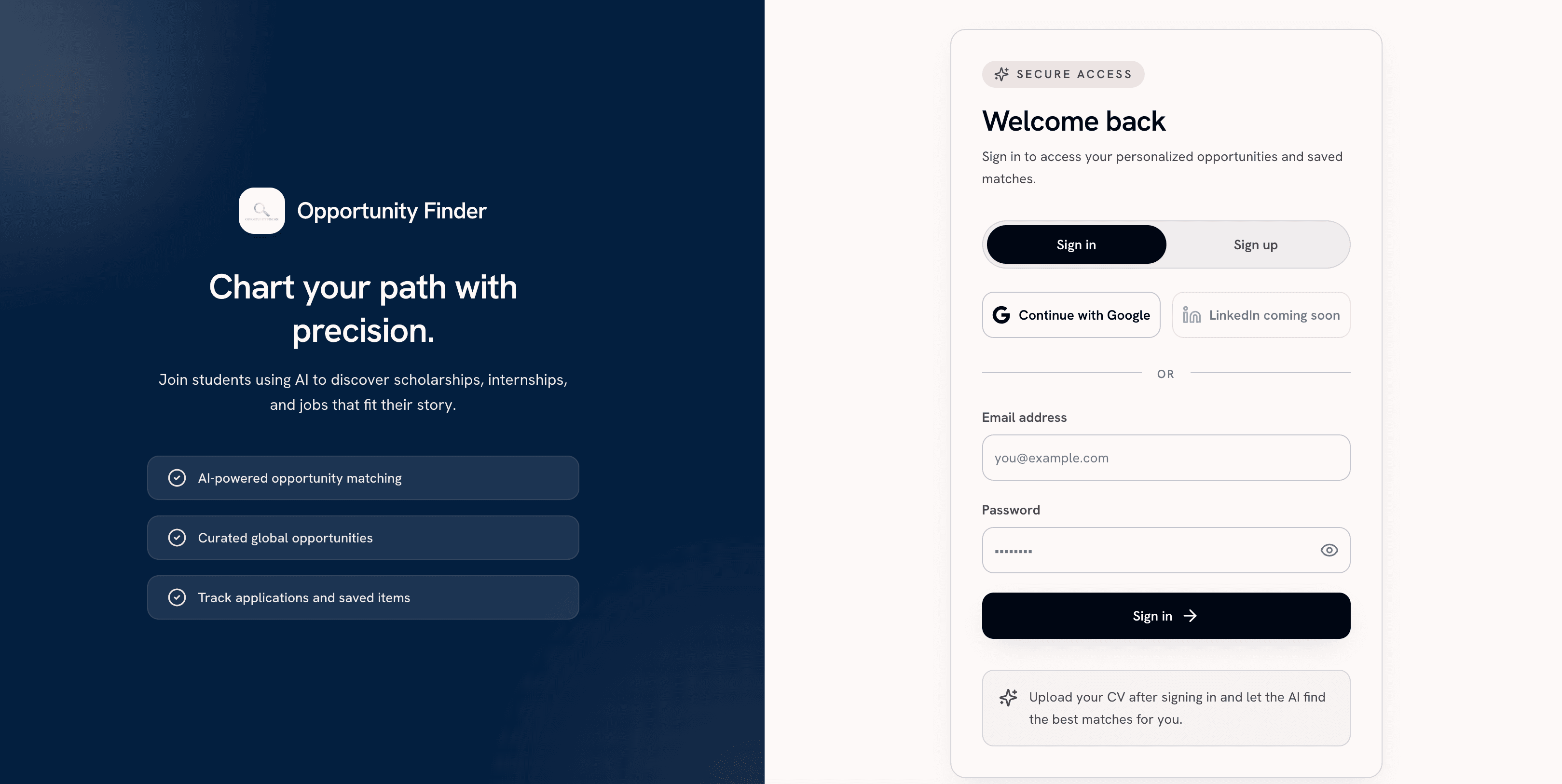 AI Opportunity Finder platform landing page